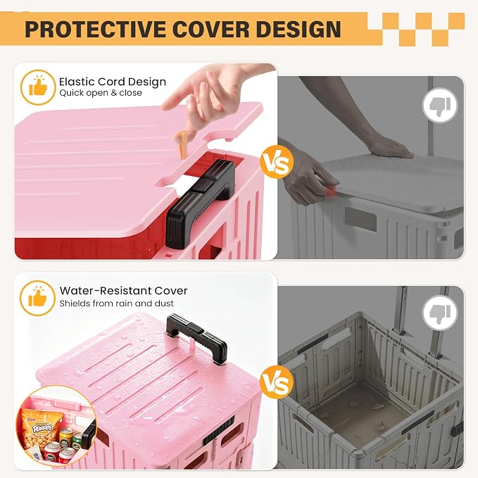 SUNALLY Folding Utility Cart Rolling Crate Handcart Shopping Trolley, Pink | Lockable Collapsible Tool Box with Lid, Rolling Crate With Wheels for Grocery, Travel, Garden, Shop, Office, Luggage, Teacher