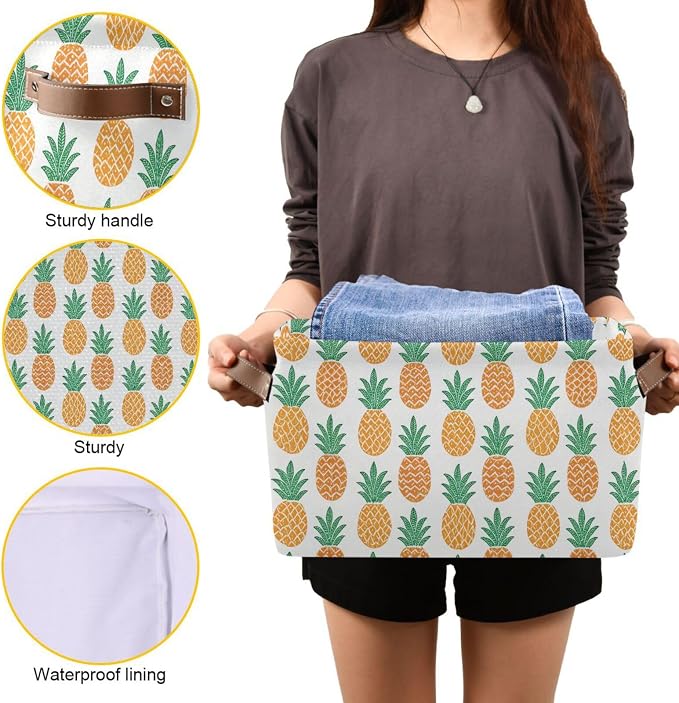 Fun Pineapple Storage Basket Bin, Large Cube Storage Box Canvas Collapsible Storage Organizer for Home Office Closet - 15 L x 11 W x 9.5 H