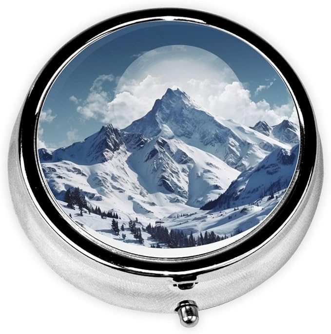 Round Pill Box Snow Mountain Pill Case for Purse & Pocket 3 Compartment Pill Organizer Portable Travel Pillbox Medicine Pill Holder Container for Daily Vitamin Cod Liver Oil Storage