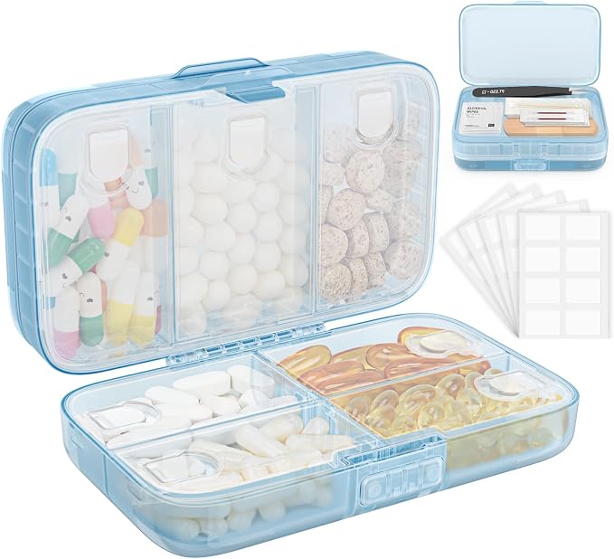 FYY Travel Pill Organizer, Large Weekly Medicine Pill Organizer-Blue | Airtight Moistureproof Medicine Case, Easy to Use, 8 Compartment Pill Box for Vitamins, Fish Oil, Supplements, Mini First Aid