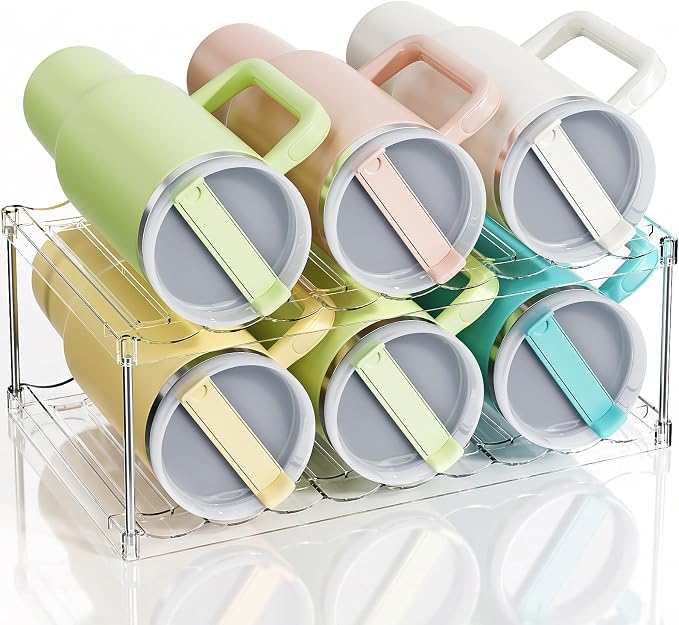 LAMU Stackable Water Bottle Organizer Holder Tumbler Cup Storage Rack | 2 Tier Clear PET Holder for Stanley 16-40oz Large Water Bottle Tumbler Cup Storage for Kitchen Cabinet Pantry Countertop