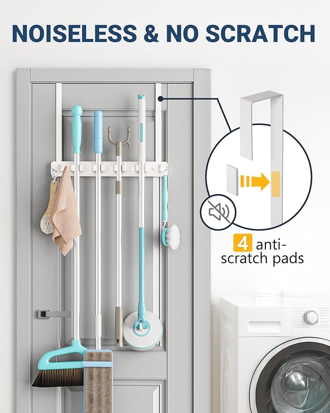 Lorbro Broom Holder Door Mount, Wood Over the Door Broom and Mop Holder | 4 Slots 4 Hooks, No Drill Setup, EVA Protection Pads, Secure Grip, Laundry Garage Closet Kitchen Use, White