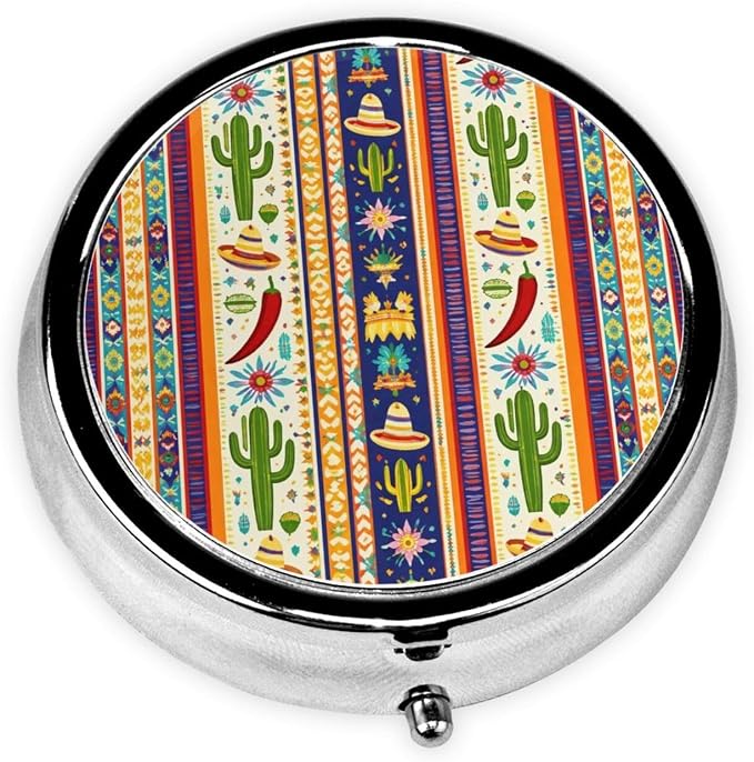 Colorful Mexican Stripe Portable Pill Organizer | 3 Compartment, With Mirror, For Men Women, For Daily Supplements, Vitamins, Fish Oil, Jewelry, Candy, Travel
