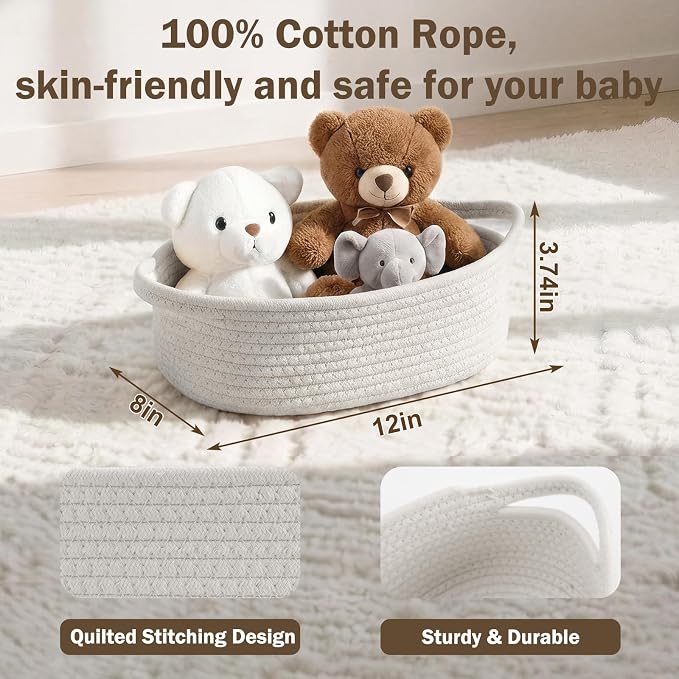 Basket for Gifts Empty, Small Woven Basket with Bags and Ribbons, Baby Toy Baskets with Handles, Wicker Storage Bin for Baby Showers or Pet Toy (Pure White, 1 Pack (12"x 8"x 3.74"))
