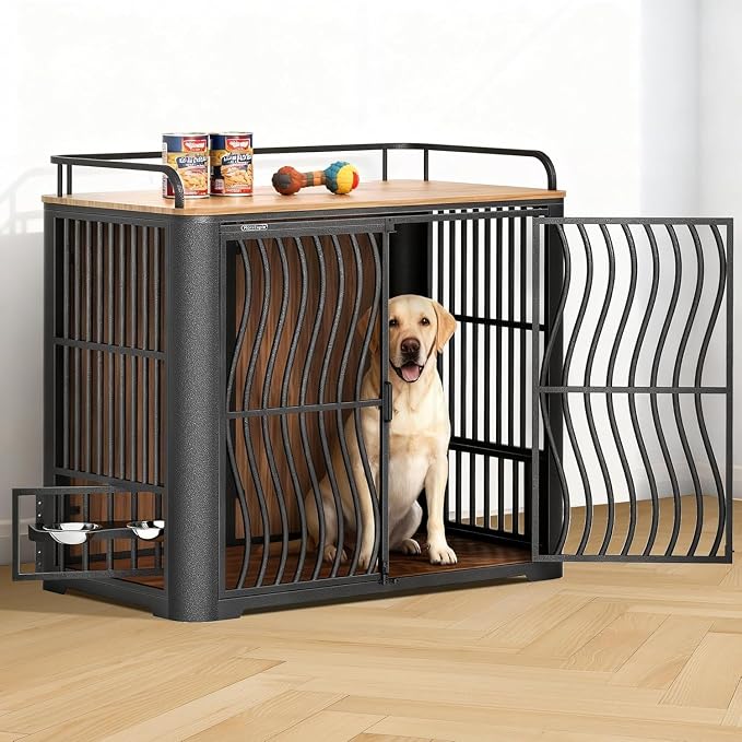 48 Inch Large Dog Crate Furniture, Heavy Duty Wood Dog Kennel Furniture Indoor for Large and Medium Dogs, Pet Crate Furniture with Adjustable Rotating Hanging Bowl and Table, Brown