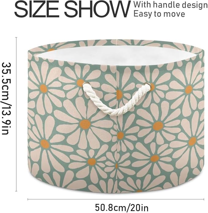 Green Daisy Flower Collapsible Round Storage Basket with Handles | Groovy Floral Large Laundry Baskets Hamper, Clothes Organizer Bin for Nursery Bedroom Living Room Decor, 20x 20x 14 Inches
