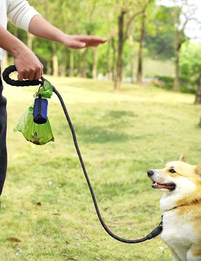 Gobeigo Dog Poop Bag Holder with Used Waste Bag Carrier(Navy Blue) | Large Opening for Easy Dispensing, Carabiner & Hook-and-Loop Strap Fits Any Leash, Includes 15 Unscented Waste Bags