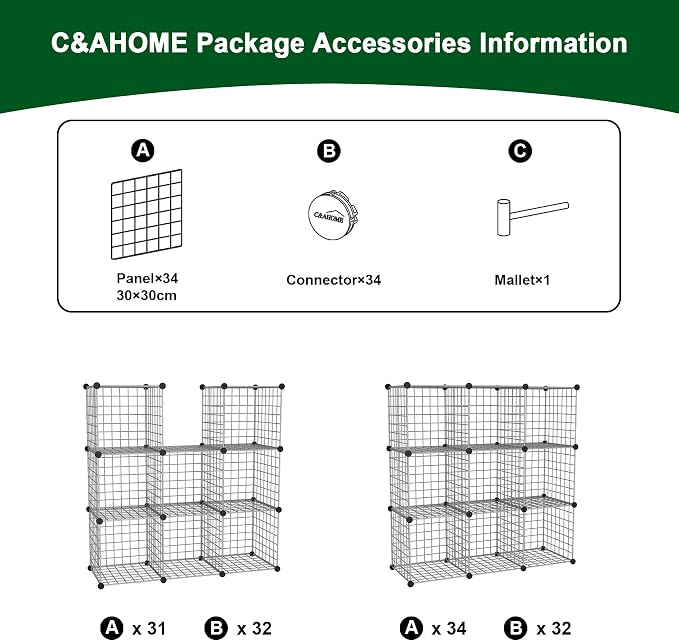 C&AHOME Wire Cube Storage, 9 - Cube Organizer Metal C Grids, Silver Gray | Modular Shelves Units, Closet Organizer, Storage Bins Shelving, Ideal for Home, Office, Living Room