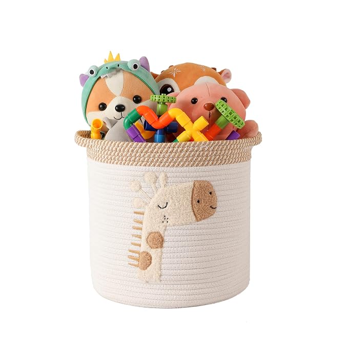 Toy Storage Baskets Woven Cotton Rope Storage Basket for Kids, Blanket Baskets for Living Room Toys Organizer with Embroidery Decor, Cute Baskets with Handle for Nursery, Playroom (Giraffe)