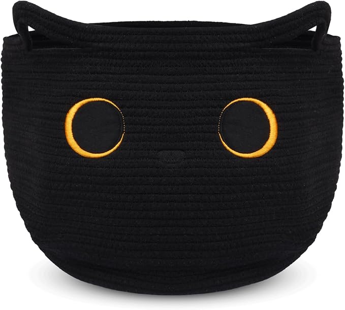 Cute Black Cat Round Basket - Cotton Rope Baskets Large Baby Laundry | Blasket for Nursery, Woven Blanket Basket Hamper With Handle Toy Storage Basket for Gifts, Baby Shower 14 ×12 inchs 30.5L