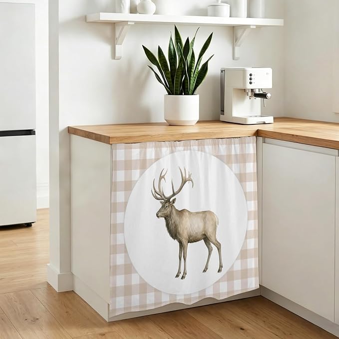 Majestic Buck Cabinet Dishwasher Hidden Curtains, Privacy Closet Door Curtain, Modern Natural Buck Rustic Farmhouse Plaid Adhesive Dust Proof Under Sink Skirt for Bathroom Kitchen 35"x35"