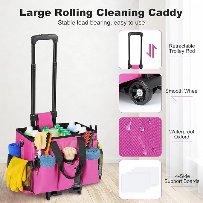 Housolution Rolling Cleaning Caddy Bag with Wheels, Rose Red | Detachable Trolley, High Bearing & Waterproof, Multifunctional Using