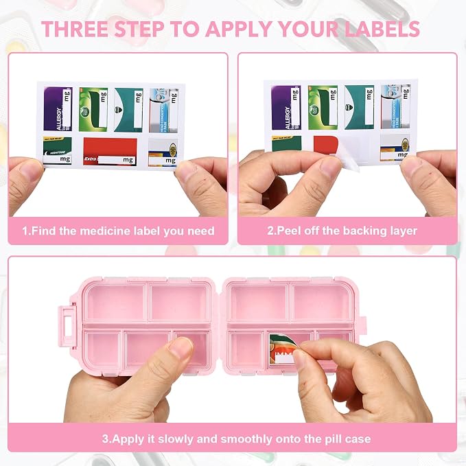 Travel Pill Organizer with 189 Medicine Labels & Stickers - 7 Day Pill Organizer (Pink, 1 Pack)