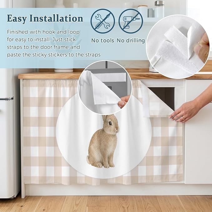Rabbit Plaid Sink Skirt for Bathroom, Self-Adhesive Under Sink Curtain, Modern Farmhouse Checkered Rustic Animal Hide Pipes & Storage Fabric Cabinet Skirt Cover for Kitchen Laundry 32"x55"