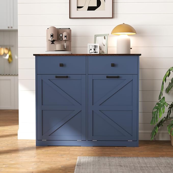 Double Tilt Out Trash Can Cabinet for 20 Gallon,Hidden Dual Laundry Cabinets with 2 Drawers & 2 Baskets, Barn Door Style Garbage Cabinet for Kitchen (Blue)
