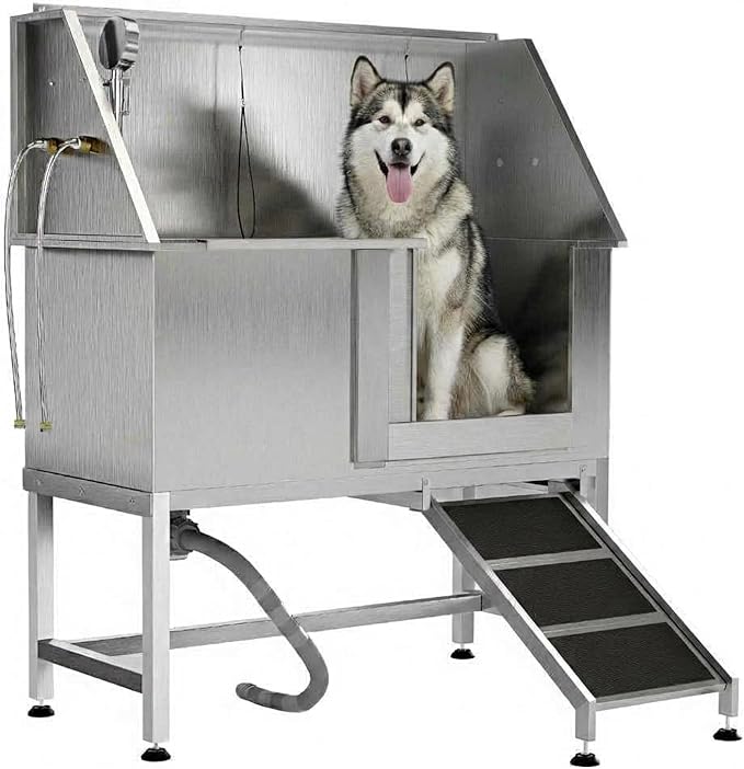 Garvee 50in Stainless Steel Dog Washing Station with Ramp Pet Grooming Tub | 330lb weight capacity, triple splash baffles, removable drain grate, adjustable platform