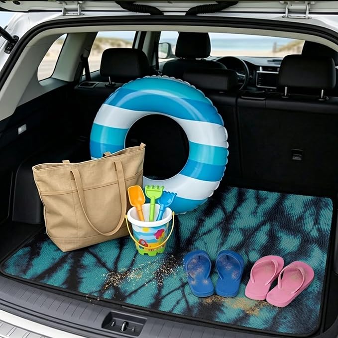 Howilath Heavy Duty Car Trunk Mat Non-Slip & Dustproof Teal Tie Dye Rear Trunk Protection with Anti-Slip Backing Auto Interior Accessory