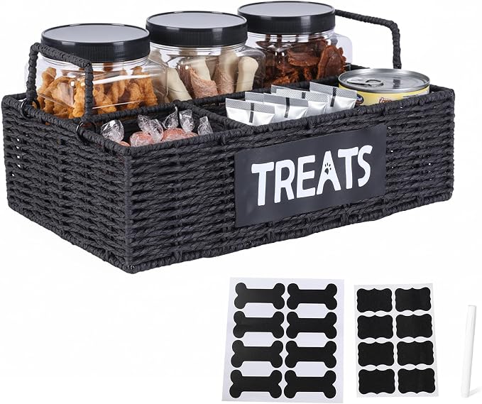 Dog Treat Container for Countertop,3pcs Pet Dog Treat Jars 1 Liter,4-Compartments Dog Treat Organizer,Woven Paper Rope Basket with Metal Frame for Pet Treats-Black