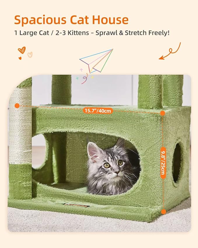 Taoqimiao Cat Tree, 38.5In Cat Tower for Indoor Cats, Suitable for Kittens | Thick Padded Top Perch, Luxurious Cat Condo, Adjustable Basket, 1-Piece Ramp Scratcher, 3 Sisal Posts, Green, MS029SGR