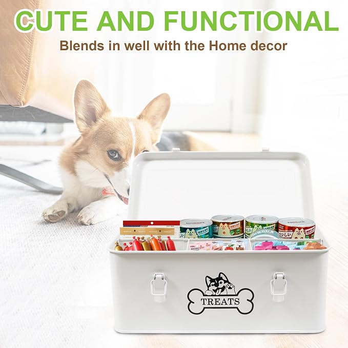 Metal Dog Treat Container, 4 Compartment Dog Treat Organizer | Dog Treats Storage Box with Lid, Rectangular Dog Cat Treats Station, Durable and Great Gift for Pet Owners
