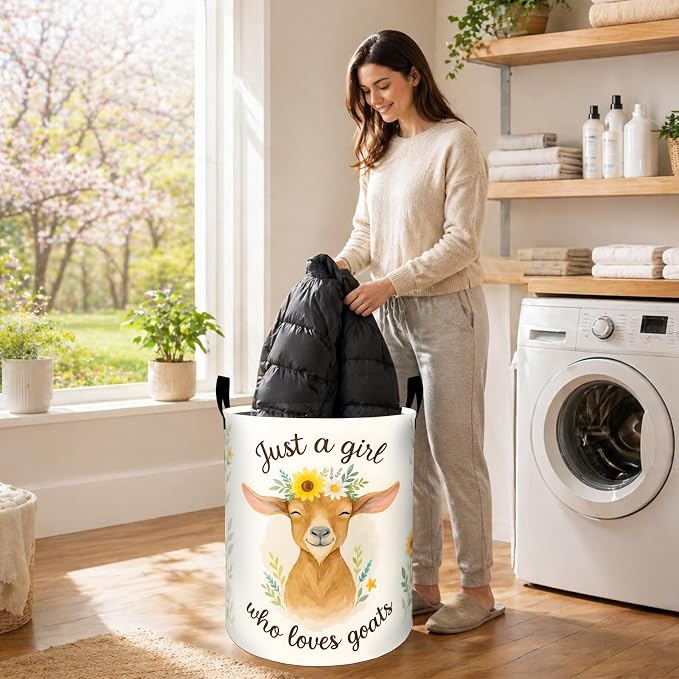 Goat Floral Laundry Basket, Cute Farm Animal Flower Oxford Cloth Dirty Clothes Collapsible Hamper for Room Decor, Country Gifts, Toy Organizer 19.7 x 15.7 Inches for Bedroom Bathroom Dorm