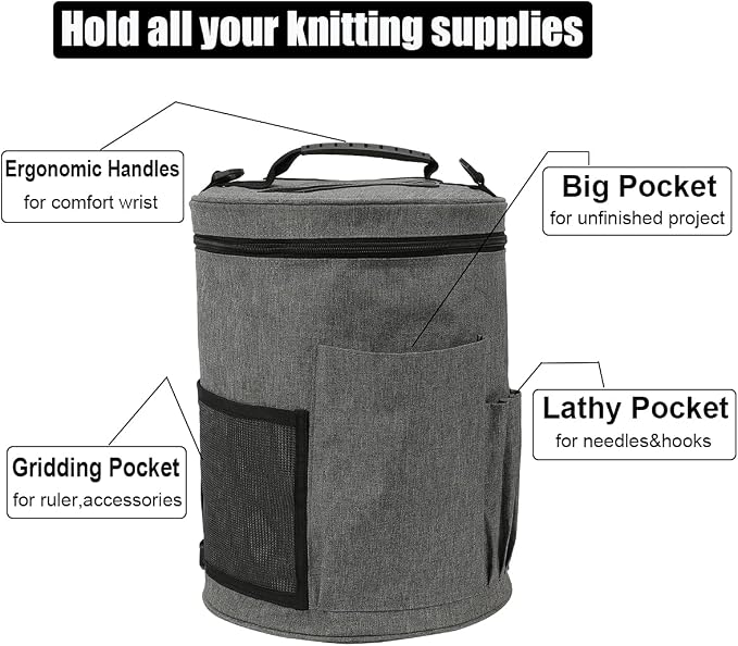 Weabetfu Large Capacity Portable Yarn Organizer Knitting Tote Storage Bag with Shoulder Strap Yarn Bags Have Pocket for Crochet Hooks,Knitting Needles & Accessories,Prevent Yarn Tangle(Grey)