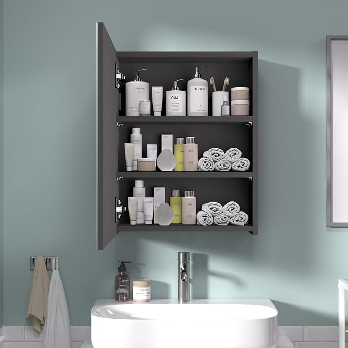 20x16 inch Bathroom Wall Cabinet, Saver Storage Cabinet, Medicine Cabinet with 1 Door and Adjustable Shelves, Black（Assembly Required）