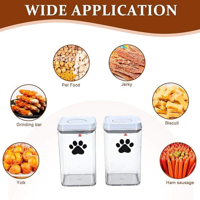 2pack Airtight Dog Treat Jars |1.5L/1.6QT POP Dog Cat Food Container with Lids, Clear Dog Cat Treat Canister, Pet Kibble Dog Cookie Jar-Keep Food Fresh Crispy-BPA free