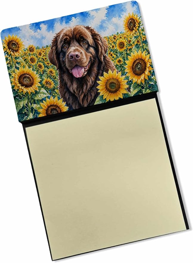 Caroline's Treasures Newfoundland in Sunflowers Watercolor Sticky Note Holder Refillable Dispenser Desk Accessory 3x3 Pad Gift