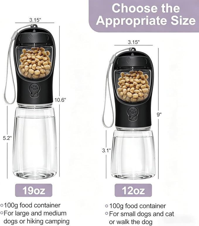 Portable Dog Water Bottle with Food Container, Drinking Bottle for Travel | 2 in 1 Dog Water Bowl, Leak Proof Pet Water Dispenser, BPA Free, Puppy Essentials, for Walking Hiking (Black,19oz)