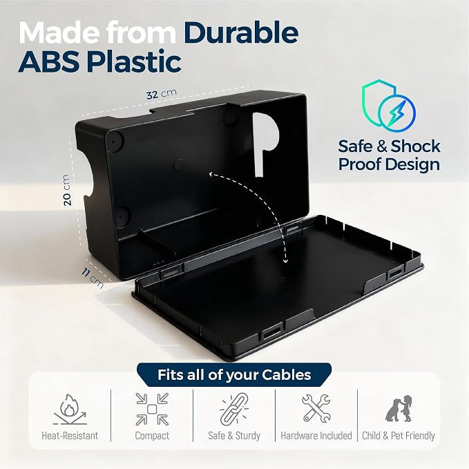 Cable Management Box with Included Mounting Hardware – ABS Cord Organizer (12,7 x 7,8 x 4,5 in) | Heat-Tolerant Power Strip & Cable Storage | Wall-Mountable or Floor Use