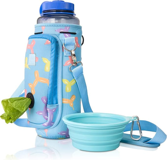 Made Easy Kit Water Bottle Carrier with Pocket for Dog Poop Waste Bags and Adjustable Padded Shoulder Strap (Tall & Large (40oz) with Bowl, Blue, Balloon Dogs)