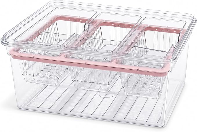 VECELO Ice‑Chilled Serving Tray with 3 Removable Draining Compartments, Cold Food Platter for Party Picnic Buffet,Pink
