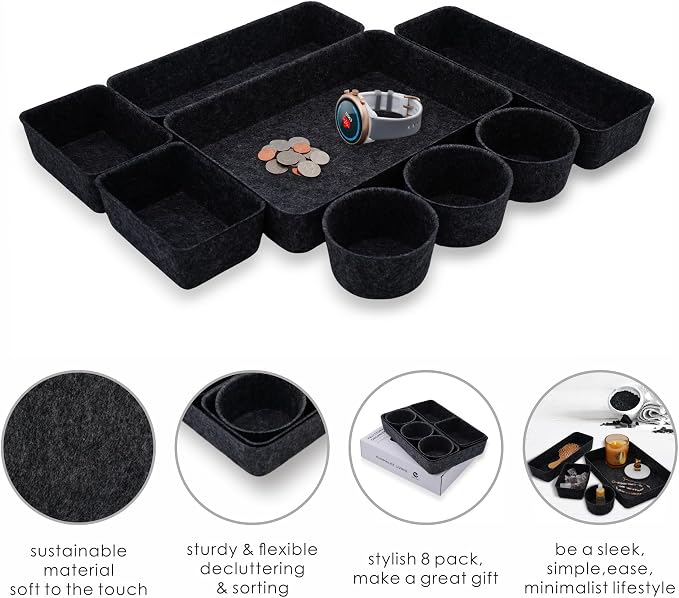 Welaxy office desk drawer organizer tray Storage Bin 8pc Sleek Carbon Box