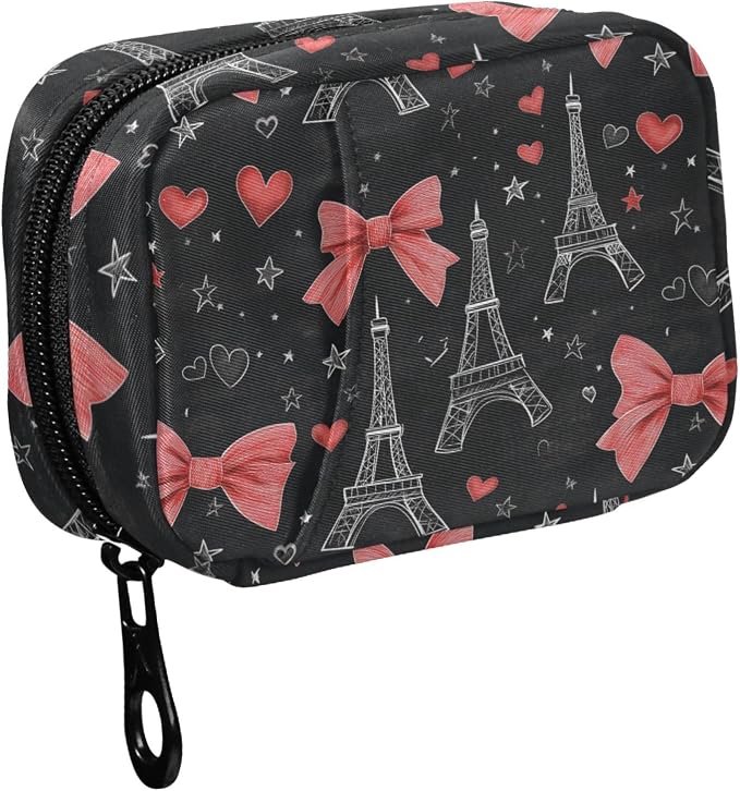 Fustylead Hand Draw Eiffel Towers Hearts Stars Red Bow Tie Travel Pill Organizer Bag with Zipper Small Pill Box 7 Day Pill Case for Purse Storage Weekly Vitamin Medicine Supplement
