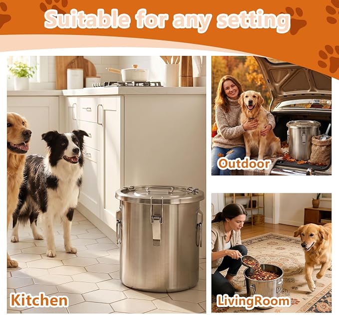 Stainless Steel Dog Food Storage Container with Lid & Scoop, Large Metal Dog Food Storage Container for Dry Pet Food, Airtight Pet Food Storage Container, Dog Food Bin for Kibble, 50LB