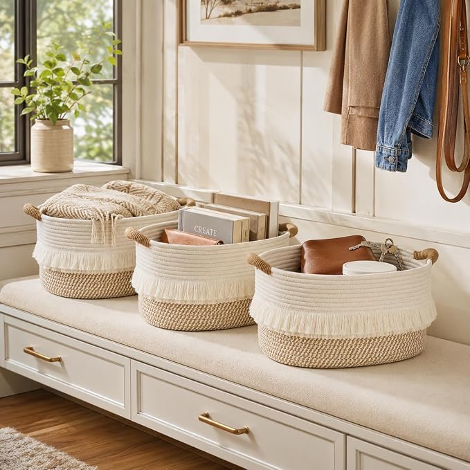 Storage Basket, Woven Baskets for Shelves, White/Brown | 3 Pack Boho Cotton Rope Storage Baskets, 14" x 9" x 8", Home Organizer for Nursery, Holds Toys, Books & Towels