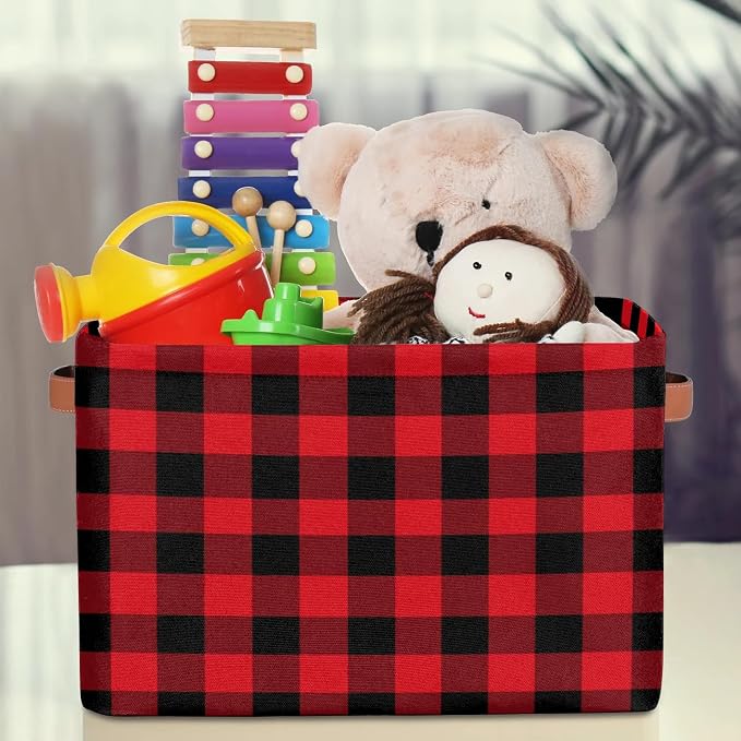 Buffalo Plaid Storage Bins Christmas Theme Storage Nursery Baskets with Handle Collapsible Closet Organizer Waterproof Shelf Boxes for Books Cloth 15x11x9.5 IN