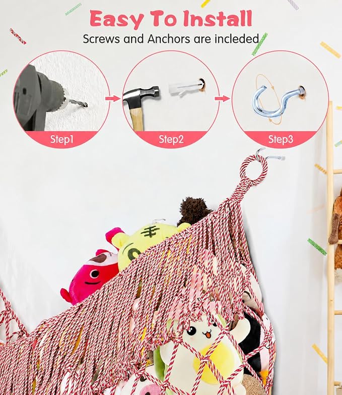 Stuffed Animal Hammock - Extra Large 63'' Long (Red-White) | Premium Cotton Hand-knitted, Beautiful Long Tassel, Storage Hanging Organizer, Can Fit Stuffed Animals 40 Piece or More