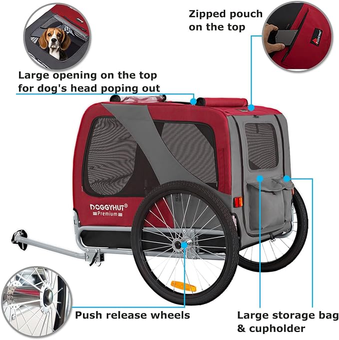 DOGGYHUT® Premium Large Pet Bike Trailer Up to 77 lbs (Red) | Bicycle Trailer for Small Medium or Large Dogs, Dog Bicycle Carrier, Low Center of Gravity, Folding Frame Cart
