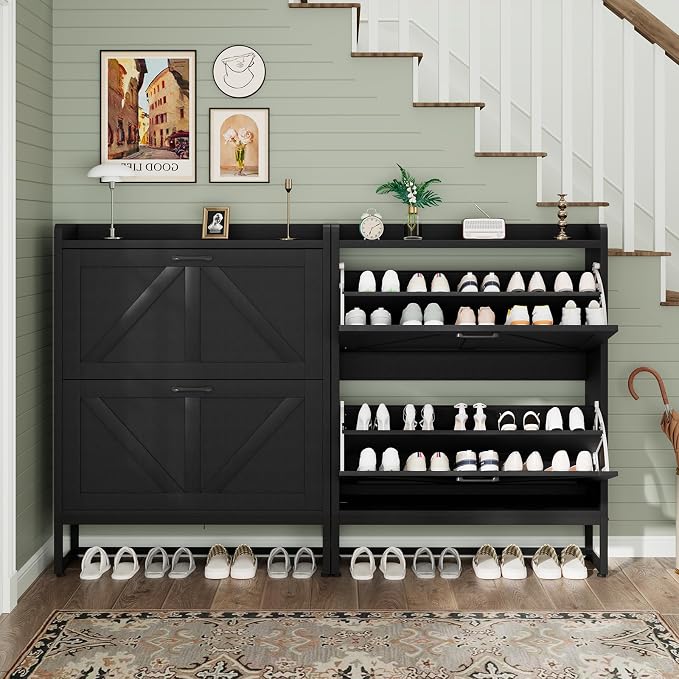 GRUSIGN Shoe Cabinet, Shoe Storage Cabinet with 2 Flip Drawers & Adjustable Shelf, Space-Saving Shoe Organizer – Holds 16+ Pairs, Narrow Shoe Cabinet Storage for Entryway/Hallway（Black）