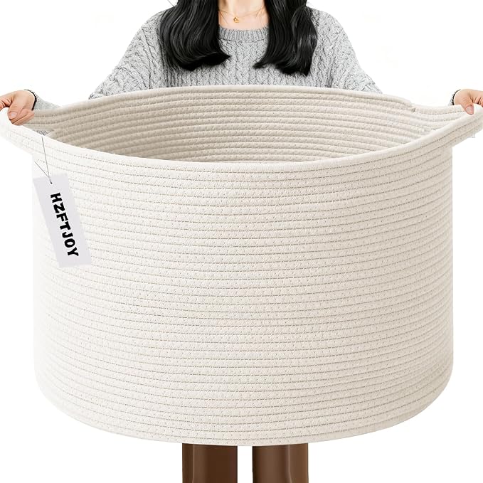 65L Large Blanket Basket,Woven Rope Laundry Basket-White | Collapsible, reinforced handles, nursery storage bin organizes clothes, toys and pillows for living room, bedroom bathroom