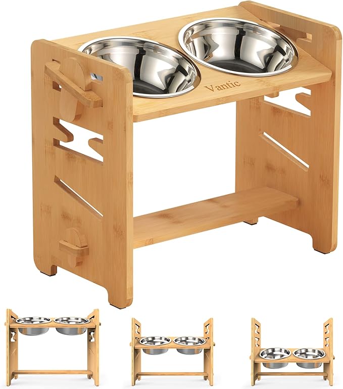 Elevated Dog Bowls, Raised Dog Bowl Stand Adjustable Medium, Natural | Bamboo Elevated Feeder with 2 Stainless Steel Bowls, Adjustable Height Stand for Medium Dogs
