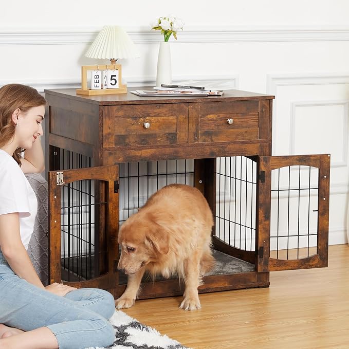Dog Crate Furniture with Drawers,39.4" Wooden Dog Kennel for Medium/Large Dog,3 Doors Pet House with Cushion