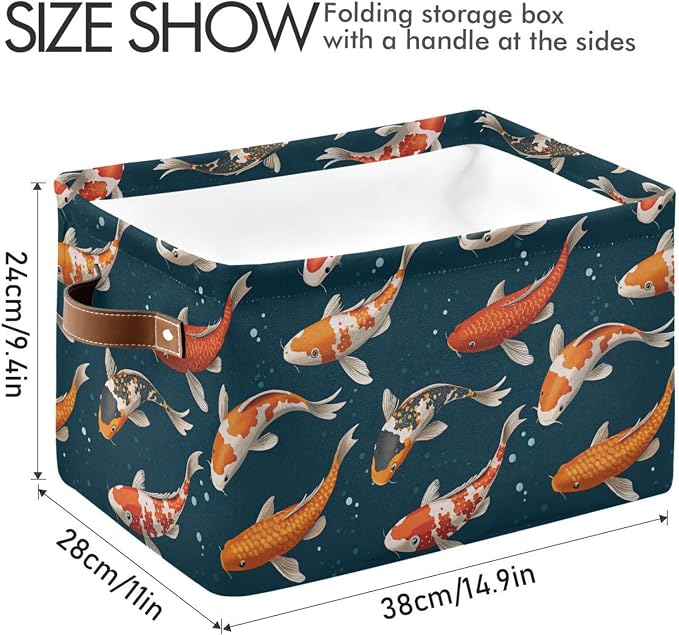 Foldable Storage Baskets, Koi Carps 3D Japanese Storage Bins with Handles, Decorative Cloth Organizer Storage Boxes for Home|Office 15 x 11 x 9.5 in