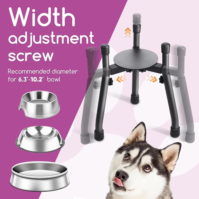 Adjustable Raised Dog Bowl Stand with Spill Mat, Bowl Not Included | Metal feeder for medium and large dogs, 3 heights from 8.8 to 12.5 inches, adjustable 6.3-10.2 inch width