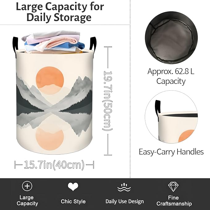 Mountain Lake Sun Laundry Basket, Modern Rustic Foldable Oxford Cloth, Waterproof Dirty Clothes Hamper with Handles, Clothing Storage Bin Toy Organizer for Bedroom Dorm Bathroom, 19.7"x15.7"