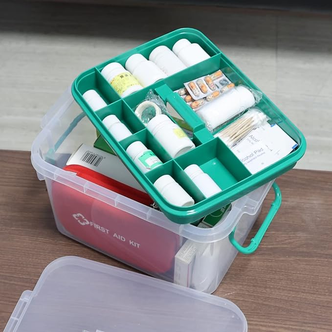 Vababa Clear First Aid Box, Plastic Storage Container with Locking Lid | Secure Locking Latch Lid, Removable Divided Tray, Top Carry Handle, Ideal For Medicine, Bandages, First Aid Supplies Storage