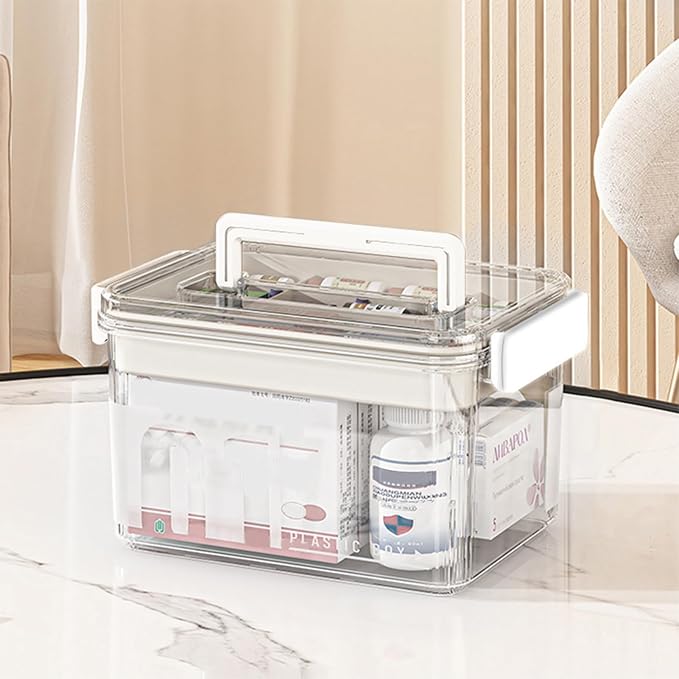 Clear Medicine Storage Organizer & First Aid Box, Thickened Plastic Medicine Container with Tray, Multi-Layer Medicine Storage Box with Handle, Multipurpose Organizer for Home, Travel