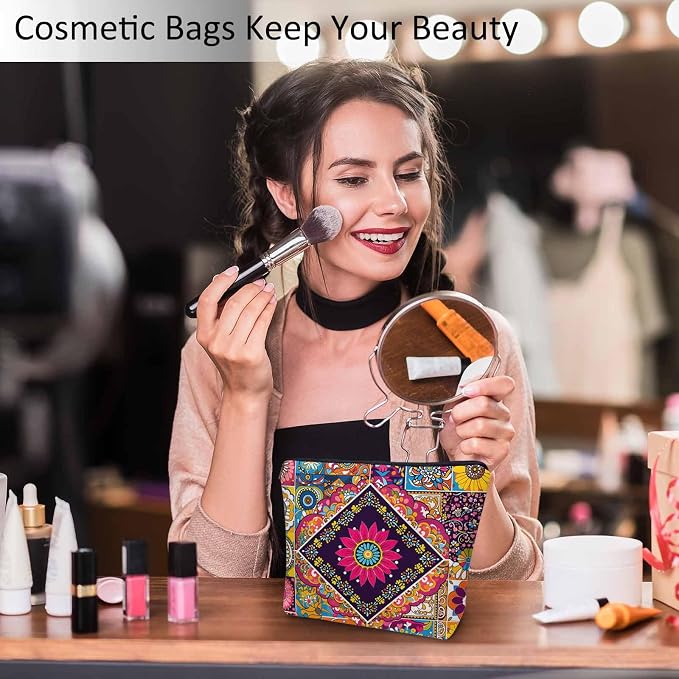 Women Makeup Organizer Bag Mandala Floral, Colorful Ethnic Mandala Flower Patchwork Flax Cosmetic Bag Makeup Bags Toiletry Bag Accessories Organizer Travel Bags For Home Bathroom Office Hotel